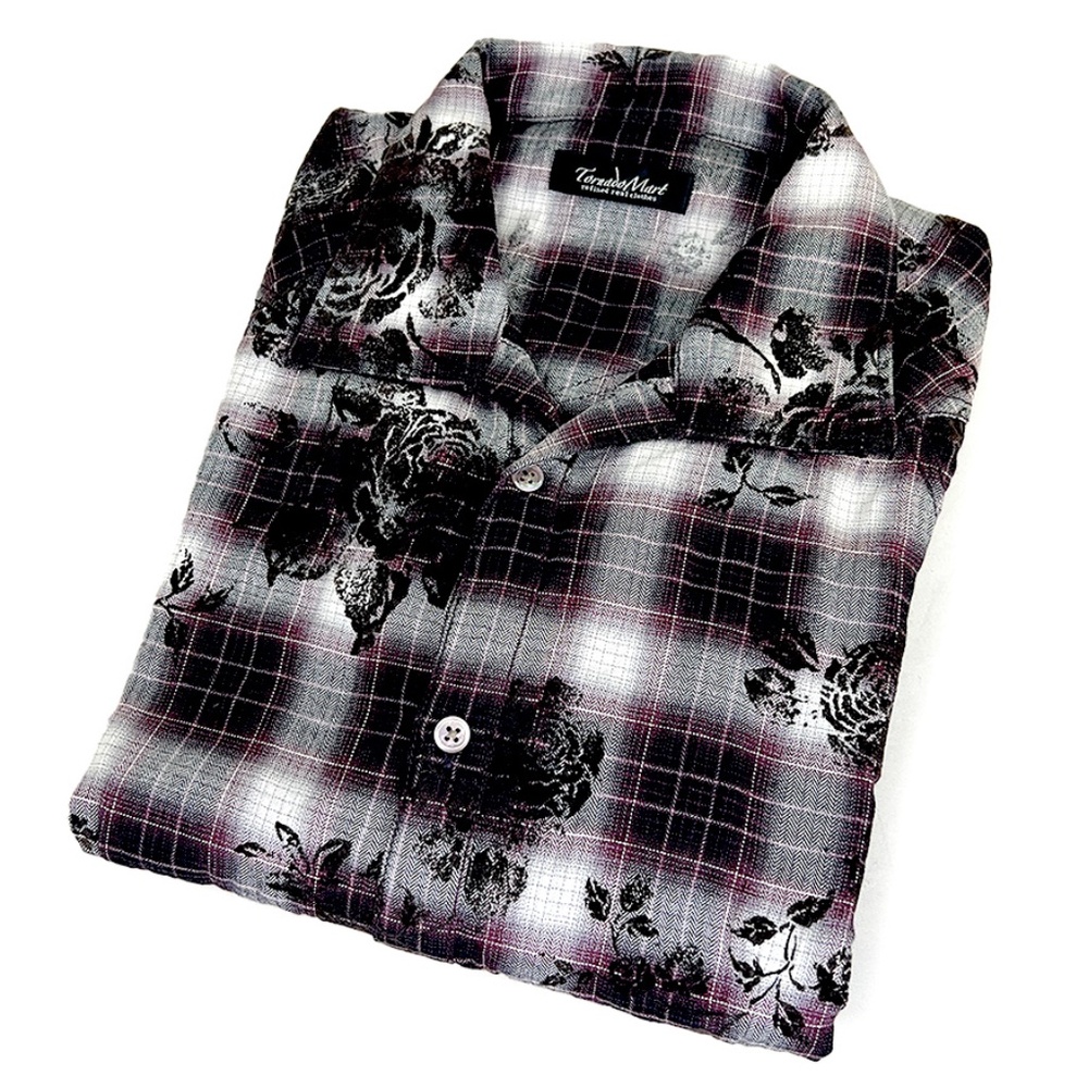 Tornado Mart Vintage Purple Plaid Flocked Shirt from Japan